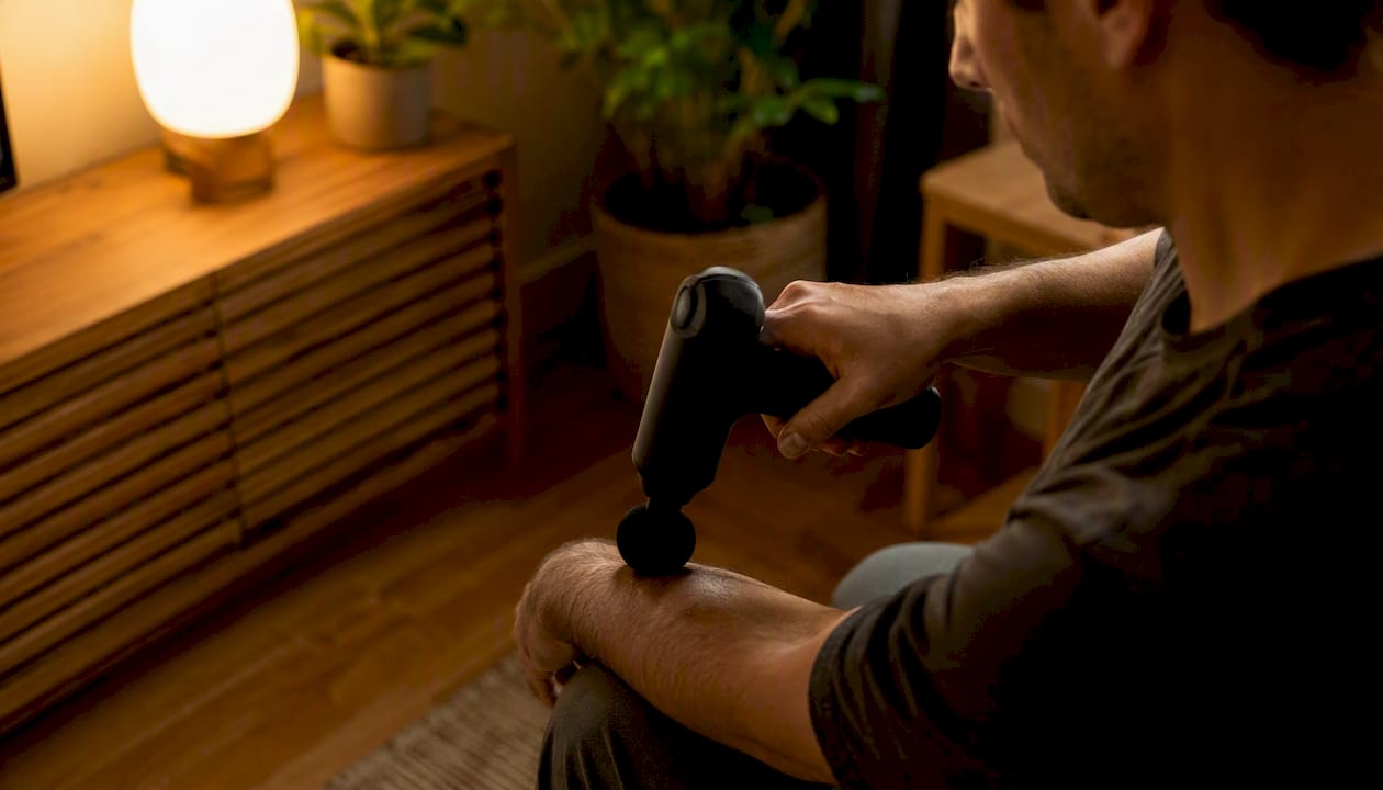Hand using percussion massager on arm at home