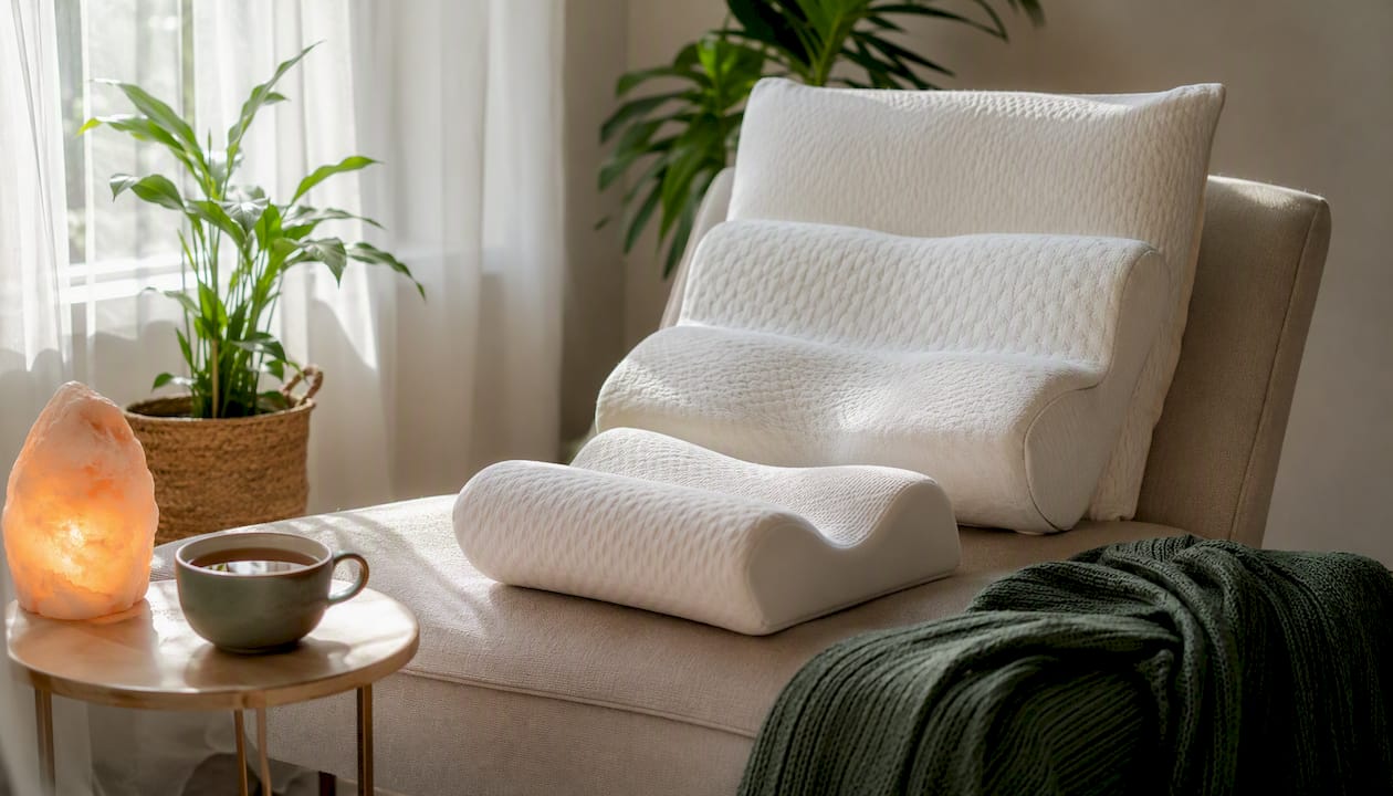 Cozy wellness corner with recovery pillows and tea