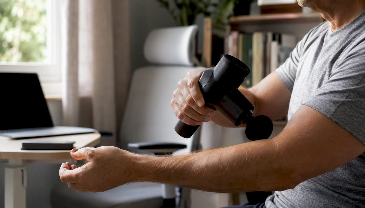 Hand applying percussion massager to forearm
