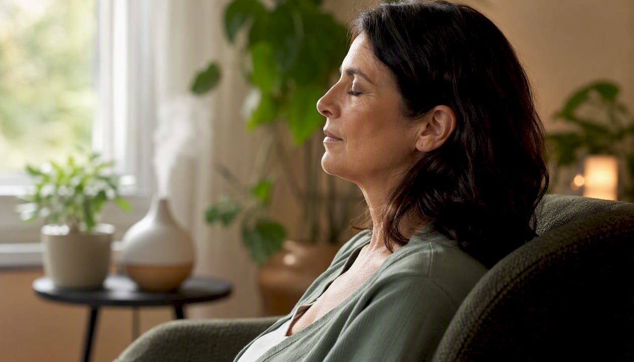 Person calmly breathing with eyes closed