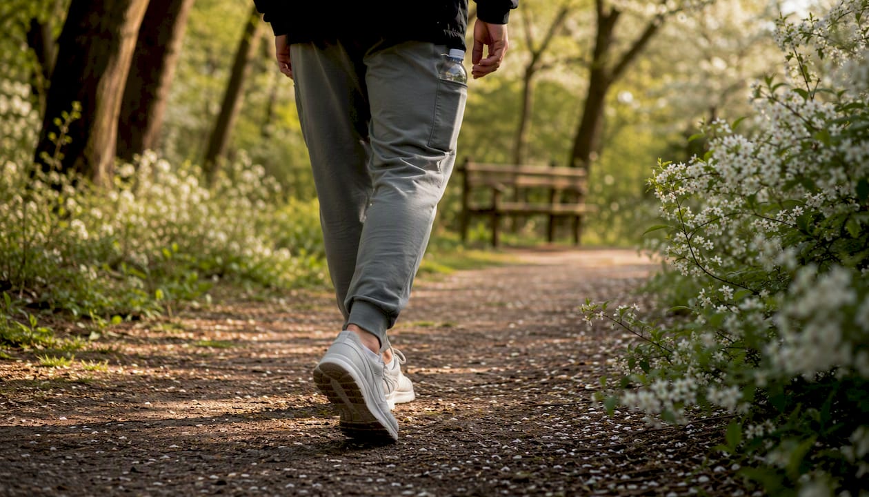 Legs walking a leafy park path