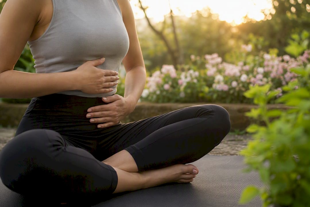 Hands on abdomen during breathing exercise
