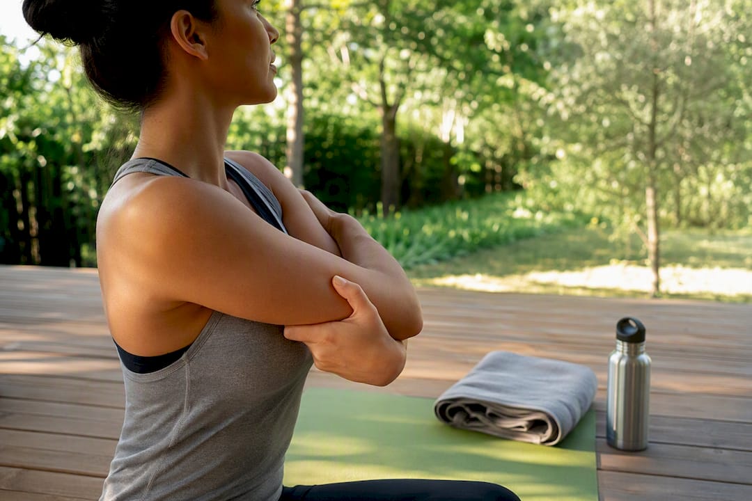 Hands stretching shoulder muscles on yoga mat