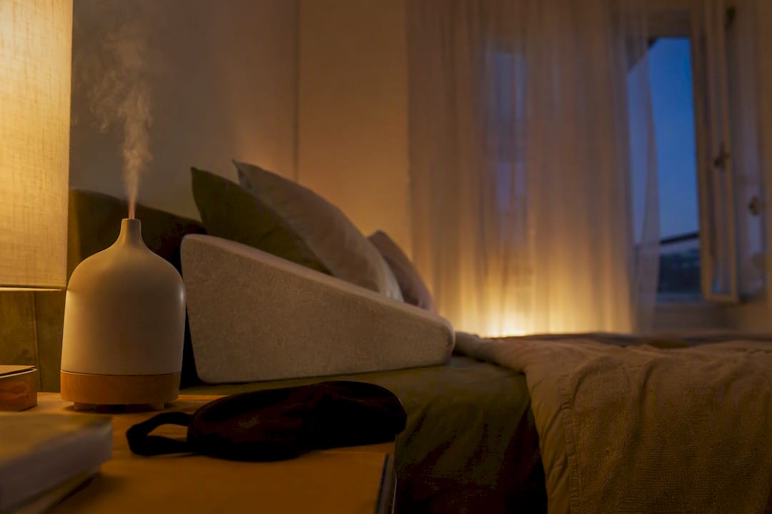Calm bedroom with sleep aids and wedge pillow