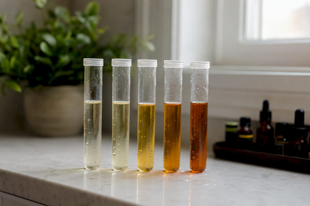 Urine color hydration test tubes on countertop