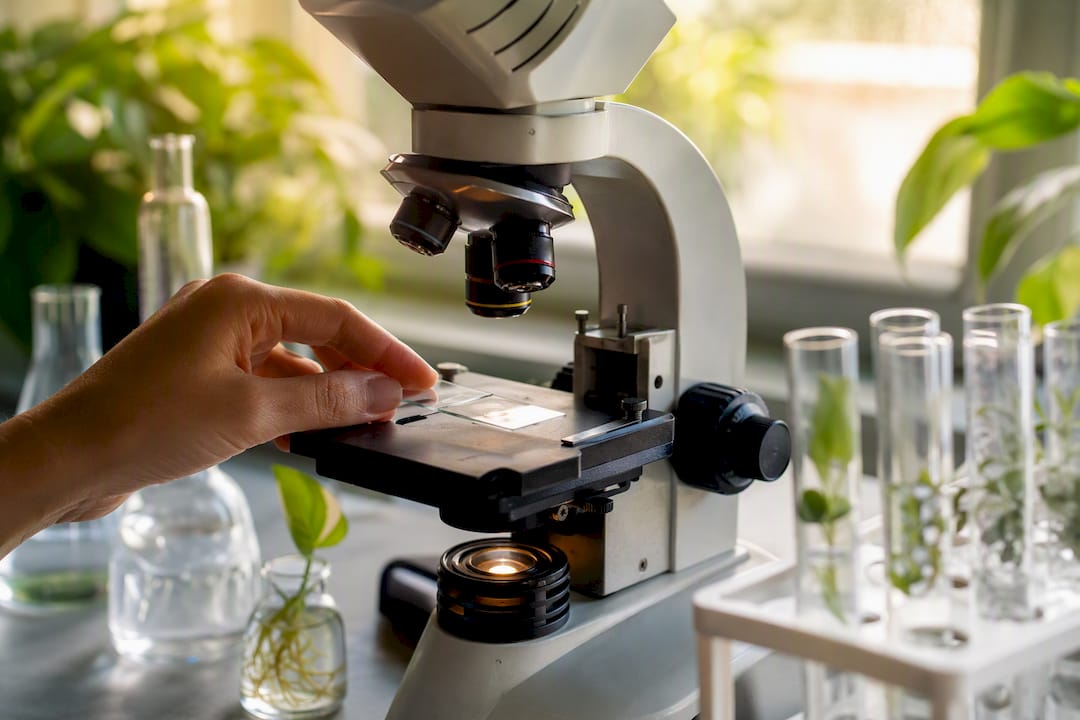 Scientist preparing cellular sample under microscope