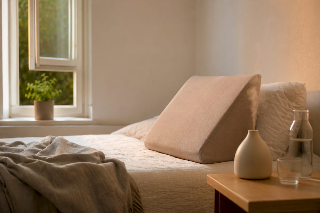 Wedge pillow in restful bedroom environment