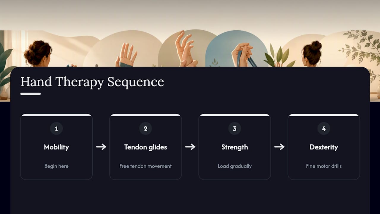 Diagram of hand therapy exercise categories and sequence