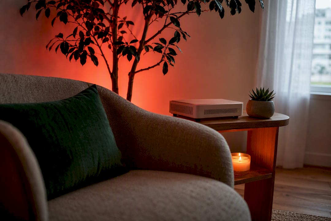 Red light therapy panel glowing in relaxing home nook