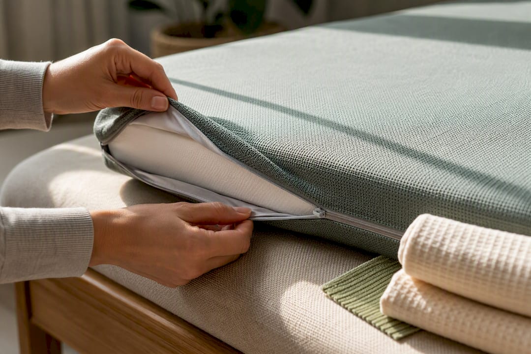 Hands removing washable cushion cover