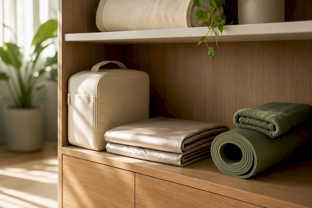 Sauna blanket accessories arranged for storage