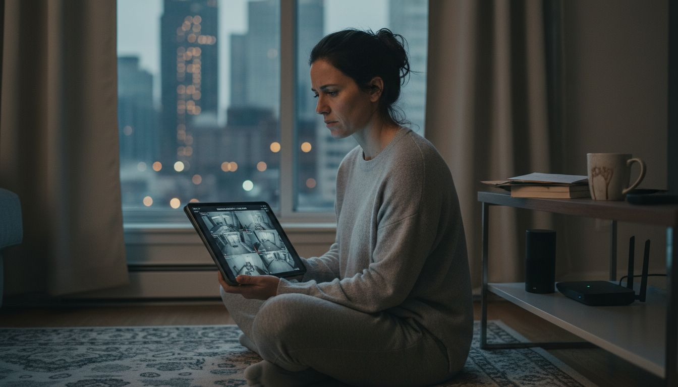 Woman reviews smart home security footage