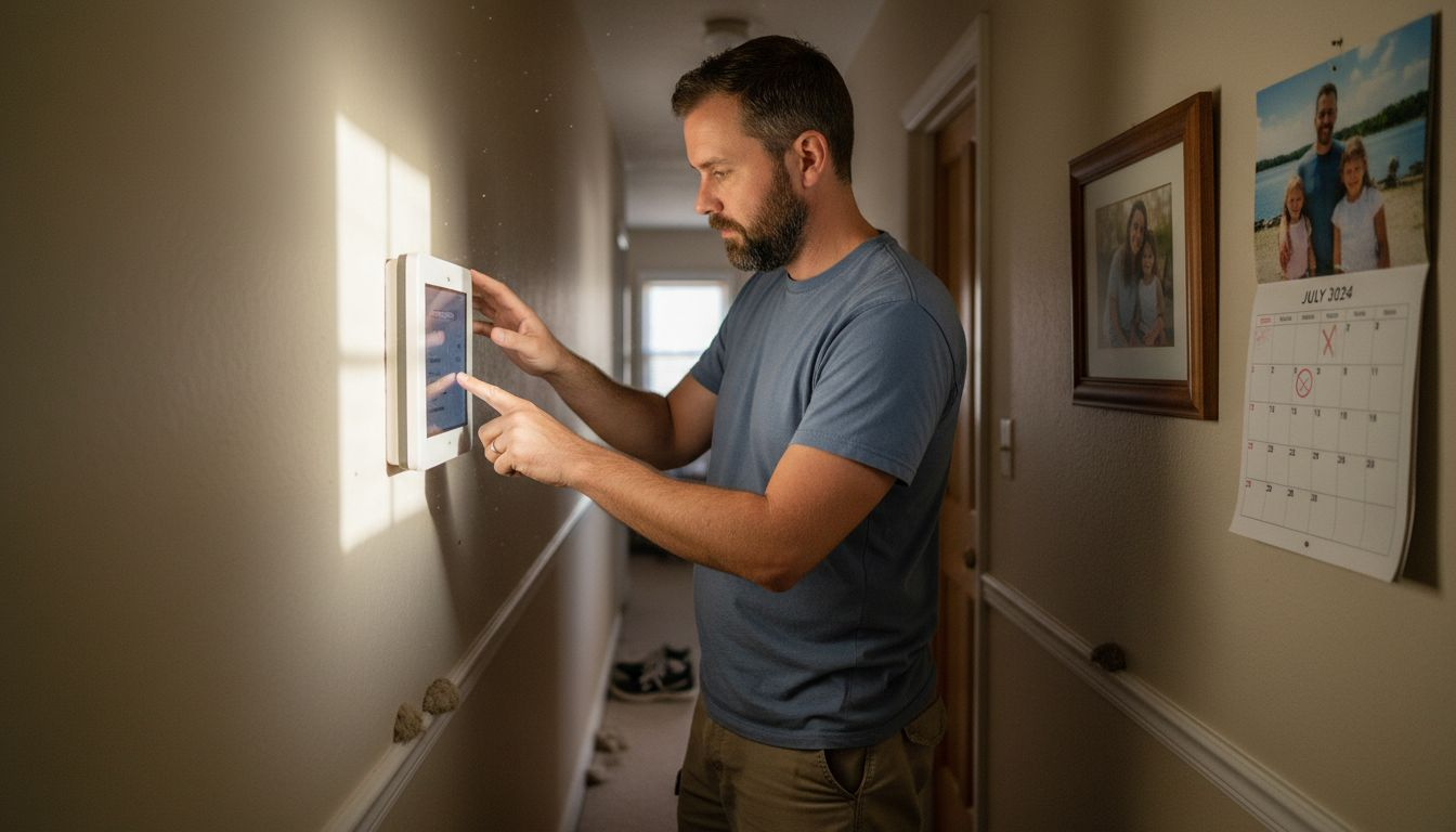 Homeowner checks smart security panel in hallway