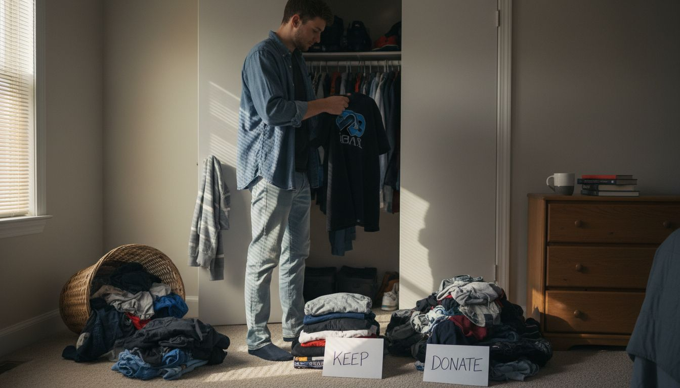 Man organizing pop culture clothes closet
