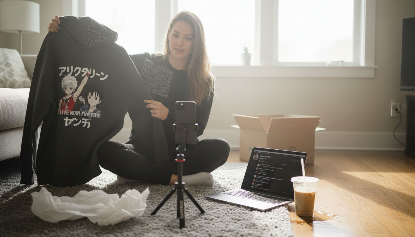 Influencer livestreams about new trend hoodie