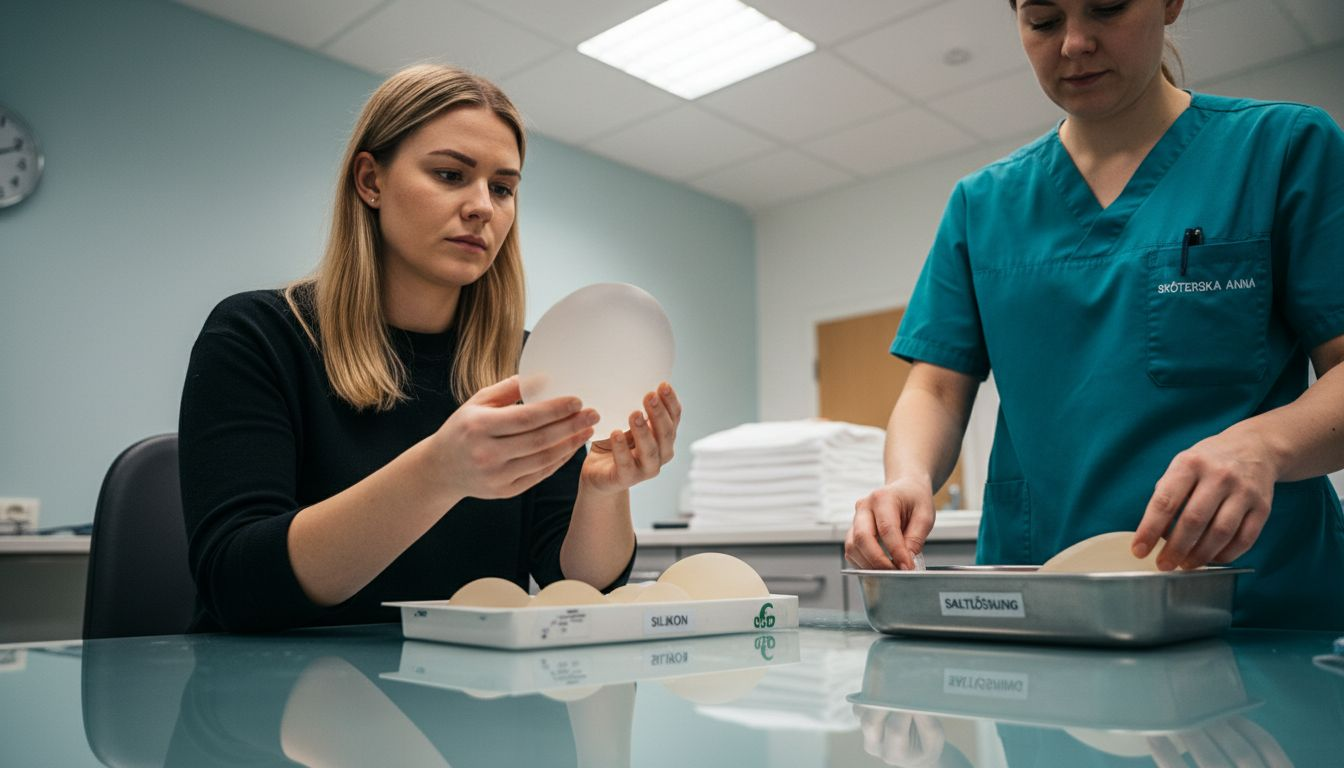 Patienten tittar närmare på implantatet som ligger framdukat på klinikens undersökningsbord.