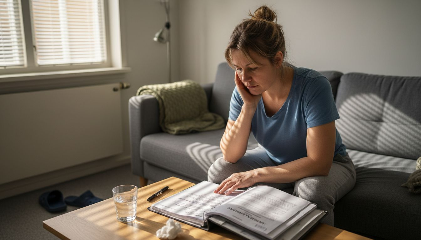 K sopan sitter en kvinna och går igenom sina elpapper inför en kommande operation.