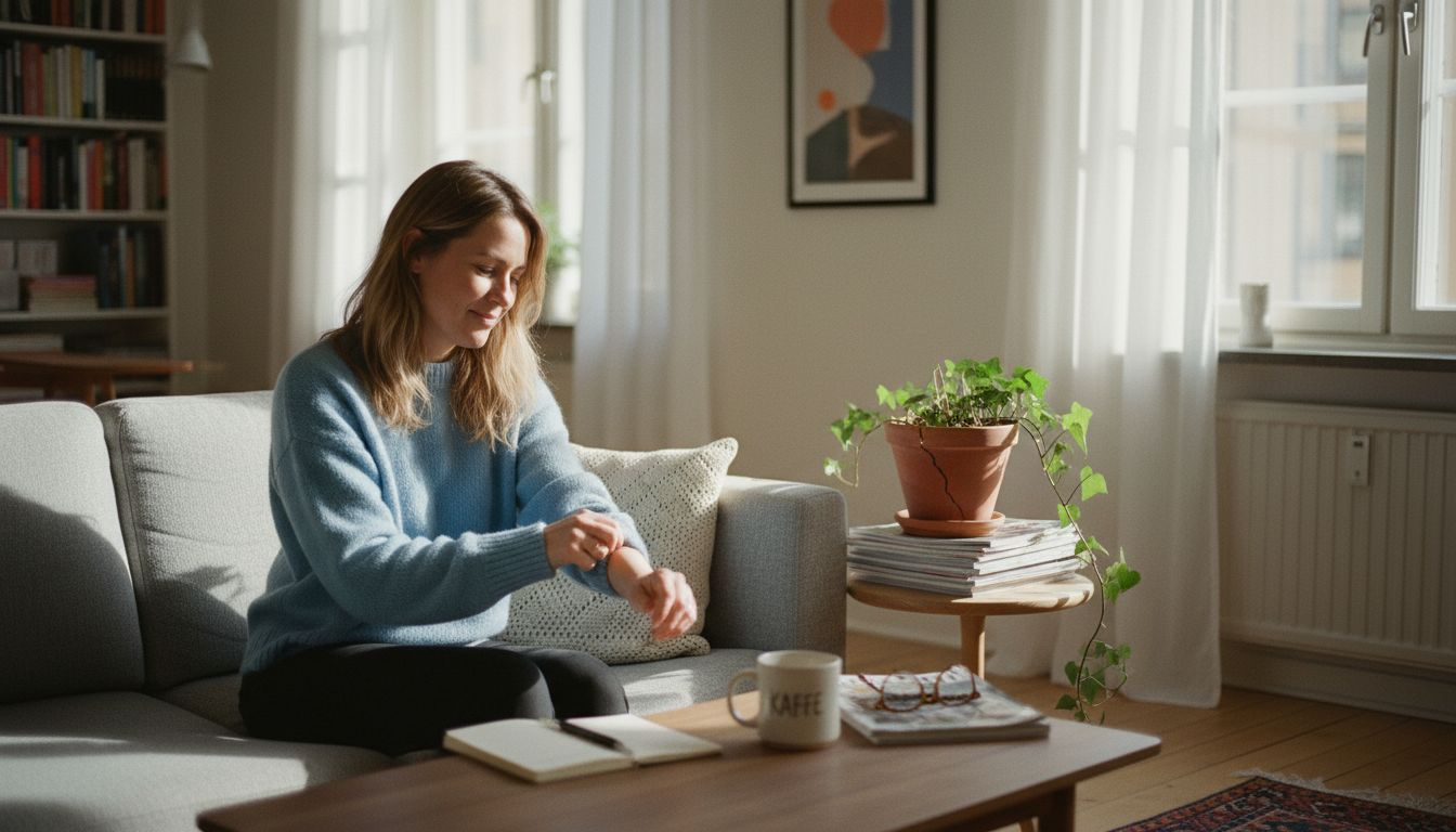 En kvinna sitter avslappnat i sitt ljusa vardagsrum och utstrålar självsäkerhet.