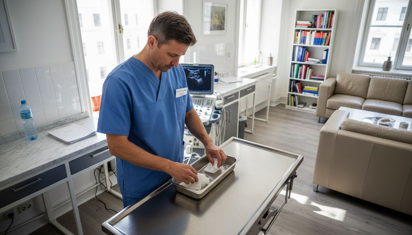 En plastikkirurg gör i ordning de senaste verktygen inför behandlingen.