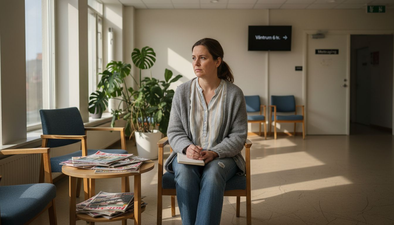 En kvinna sitter i väntrummet och inväntar sitt konsultationsbesök inför en estetisk behandling.