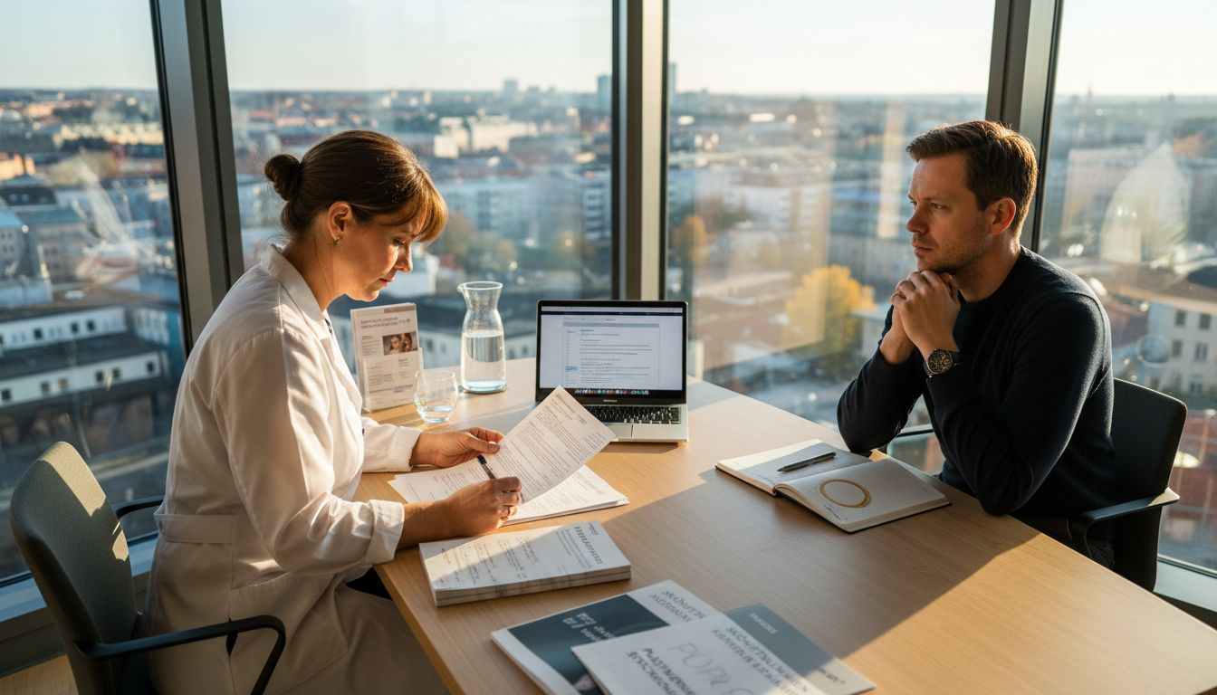 Kirurgen samtalar med patienten på mottagningsrummet.