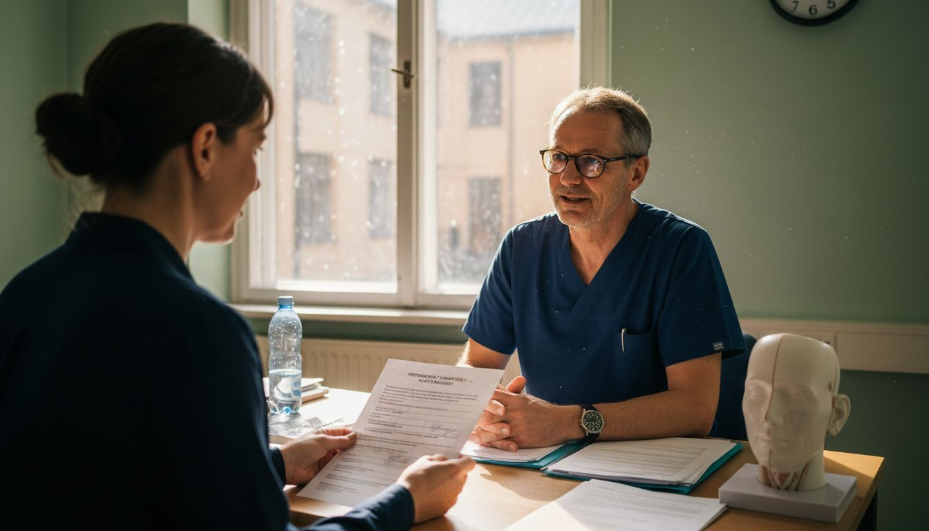 En plastikkirurg tar emot en patient på mottagningen