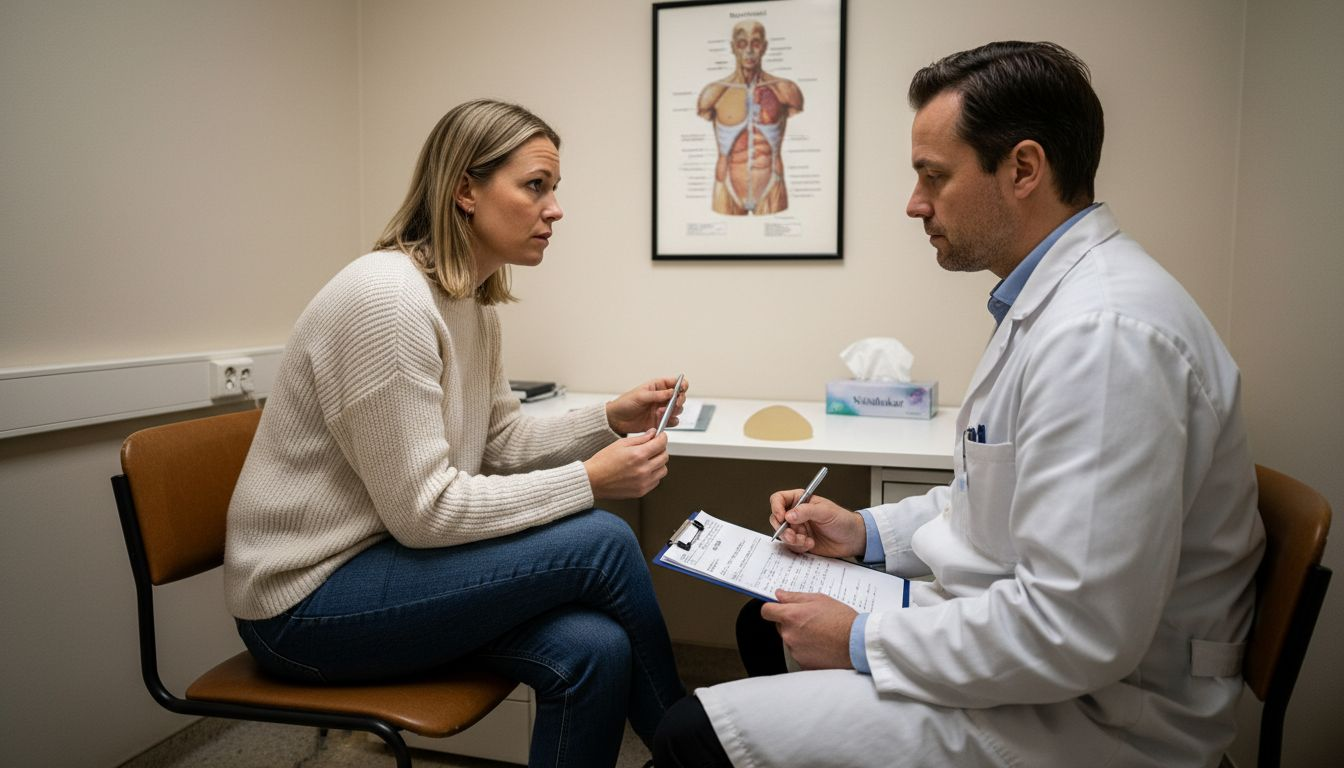 En patient och en kirurg samtalar om olika alternativ för bröstoperation och vad som kan passa bäst utifrån patientens önskemål och behov.