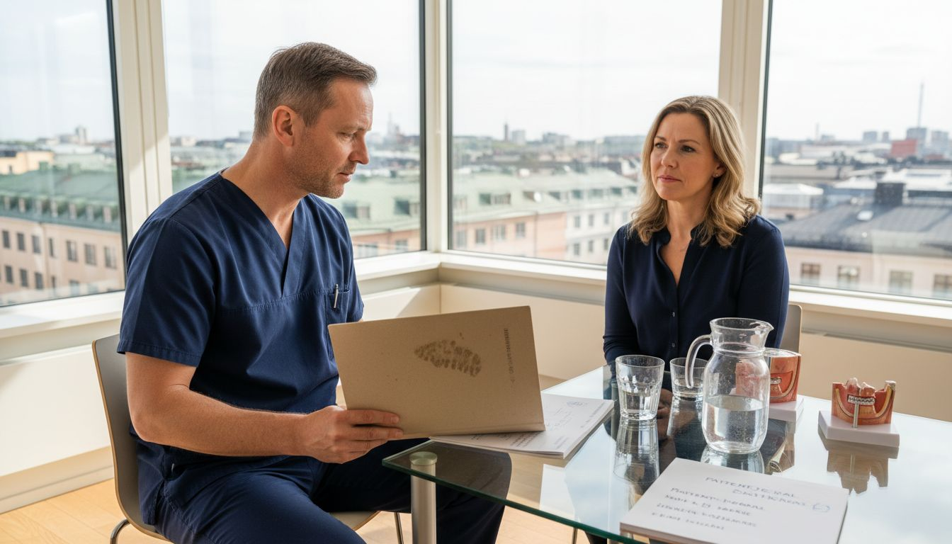 En plastikkirurg träffar en patient för konsultation på mottagningen.