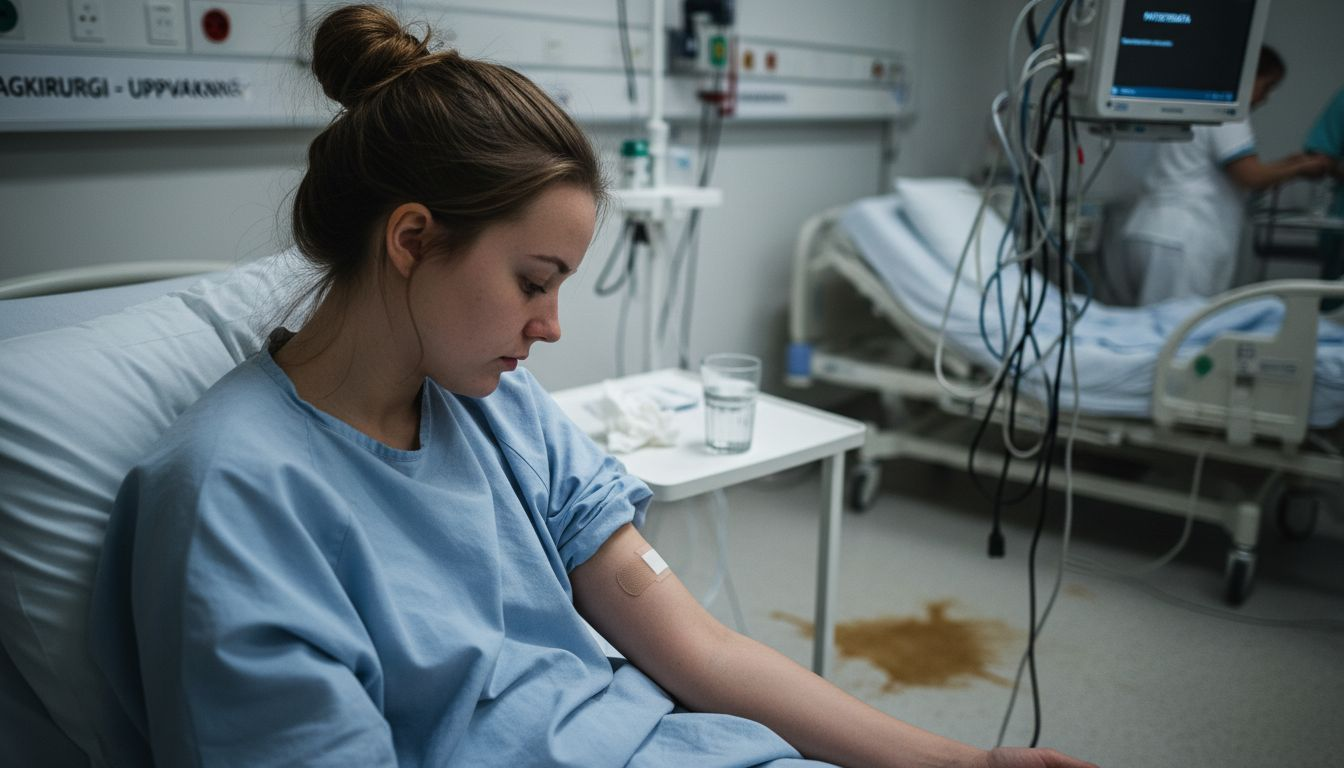 En patient ligger på uppvaket och funderar över de risker som varit förknippade med operationen.