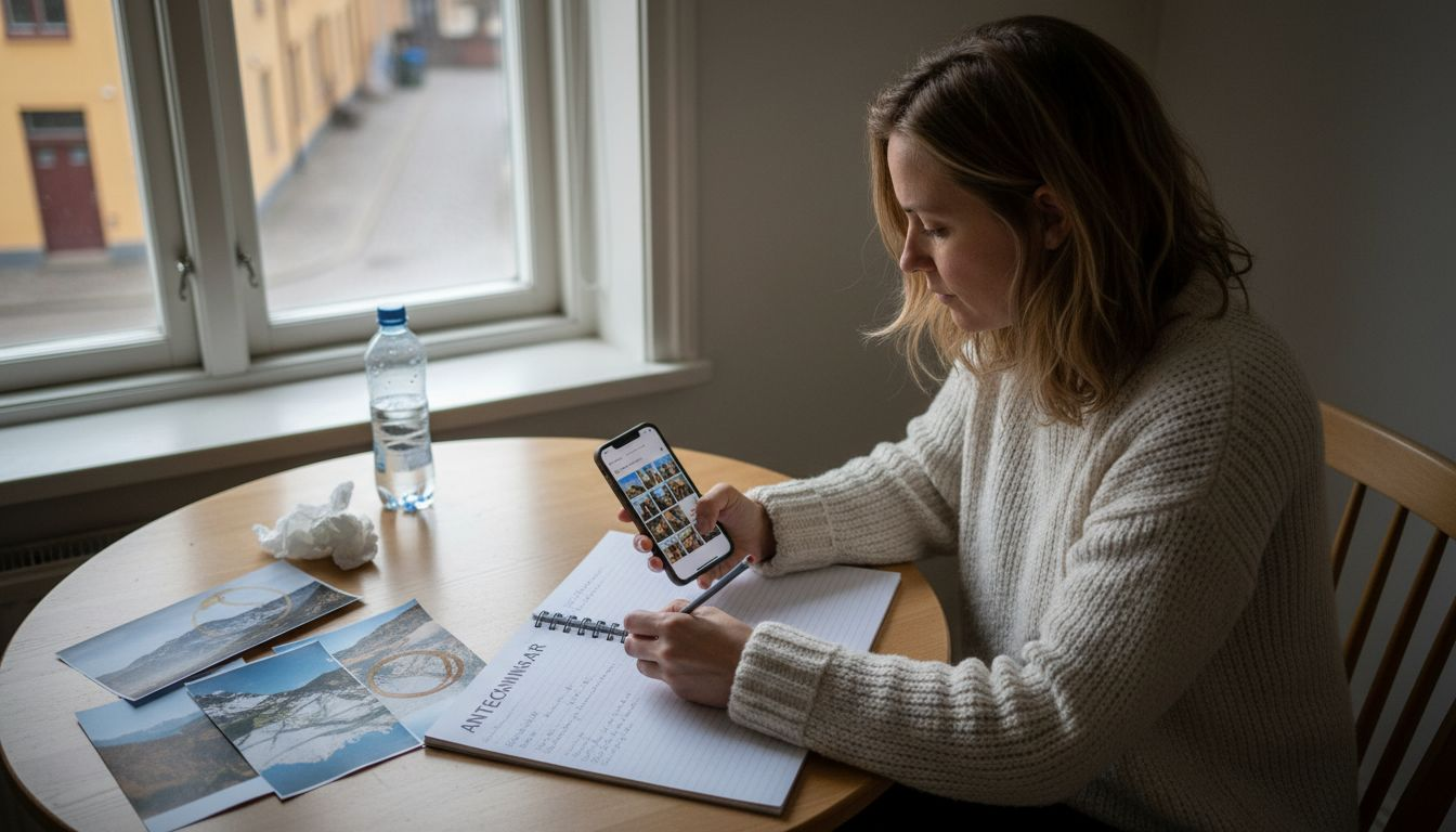 Kvinna förbereder sig inför en skönhetskonsultation hemma
