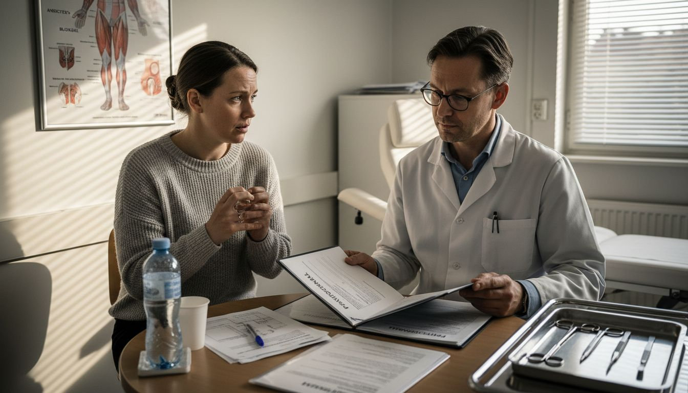 Patienten och kirurgen samtalar inne på mottagningsrummet.