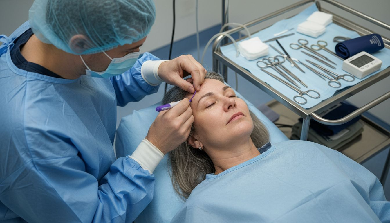 Innan ett ansiktslyft ritar kirurgen ut riktlinjer på patientens ansikte för att säkerställa ett exakt resultat.