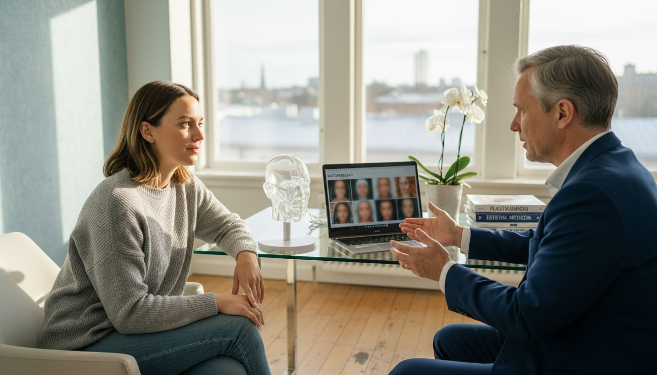 En patient diskuterar sina önskemål med en plastikkirurg i ett ljust och modernt mottagningsrum.