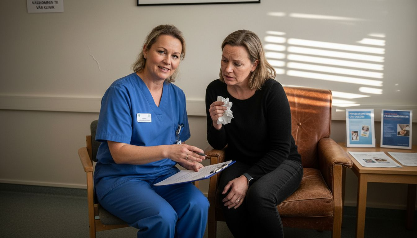 Sjuksköterskan lugnar patienten genom att gå igenom säkerhetsrutinerna steg för steg.