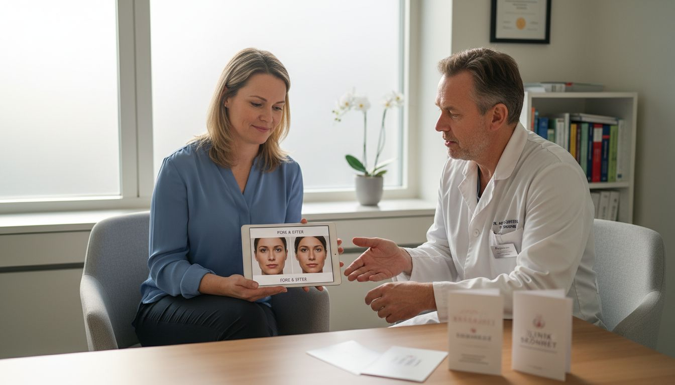 Konsultation med plastikkirurg – patienten träffar läkaren för att diskutera önskemål och möjligheter.