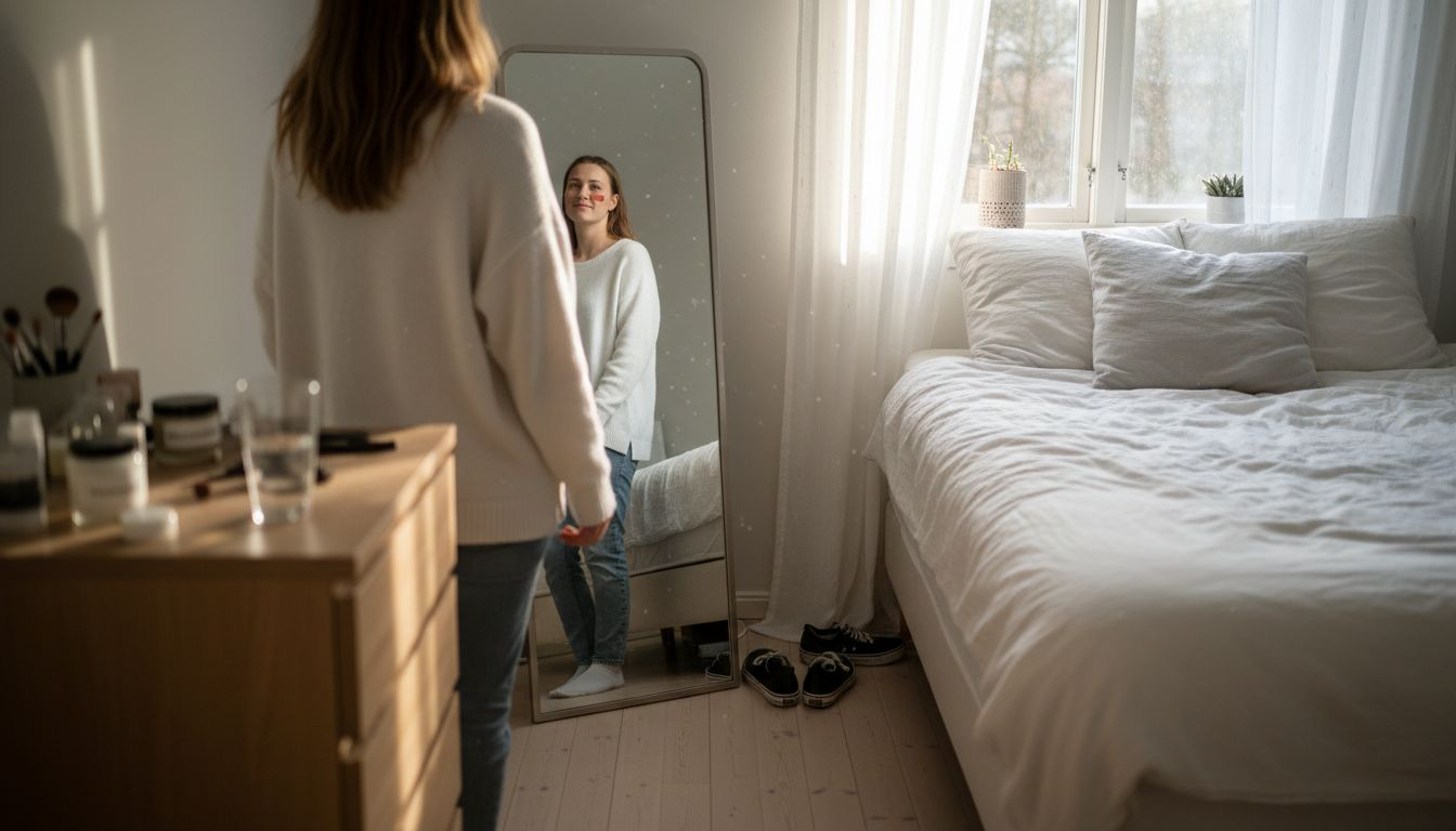 En kvinna står framför spegeln och beundrar de fina, naturliga resultatet efter sin operation.