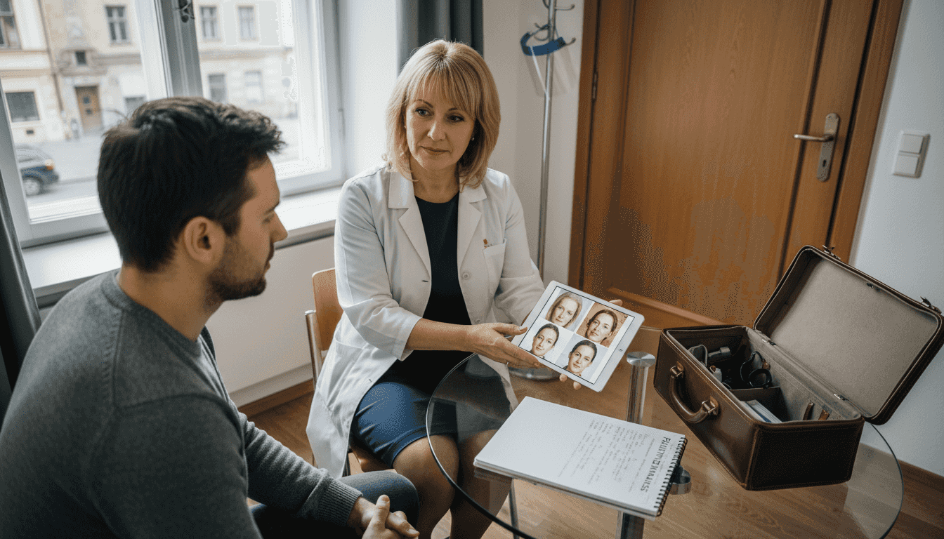En kirurg går igenom vad plastikkirurgi innebär och svarar på patientens frågor.
