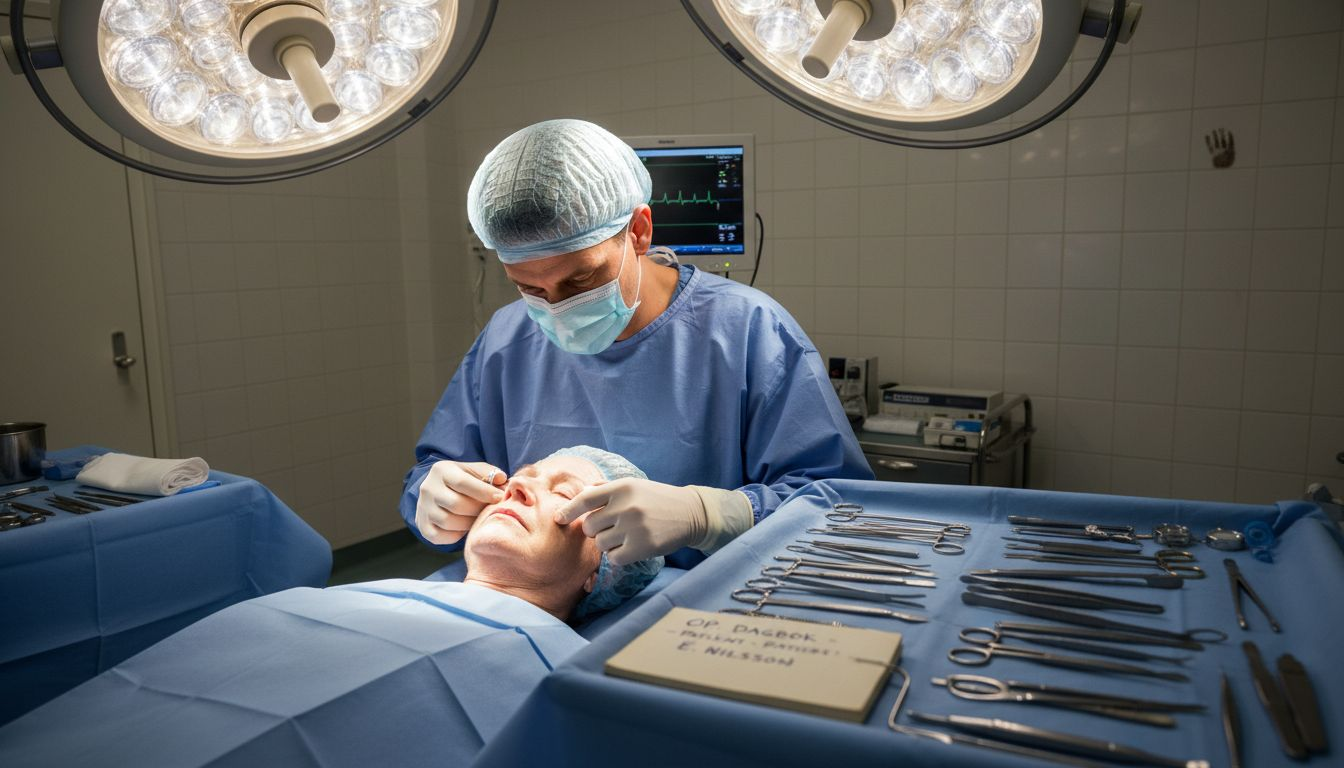 Med säker hand och stor noggrannhet genomför kirurgen ansiktslyft.