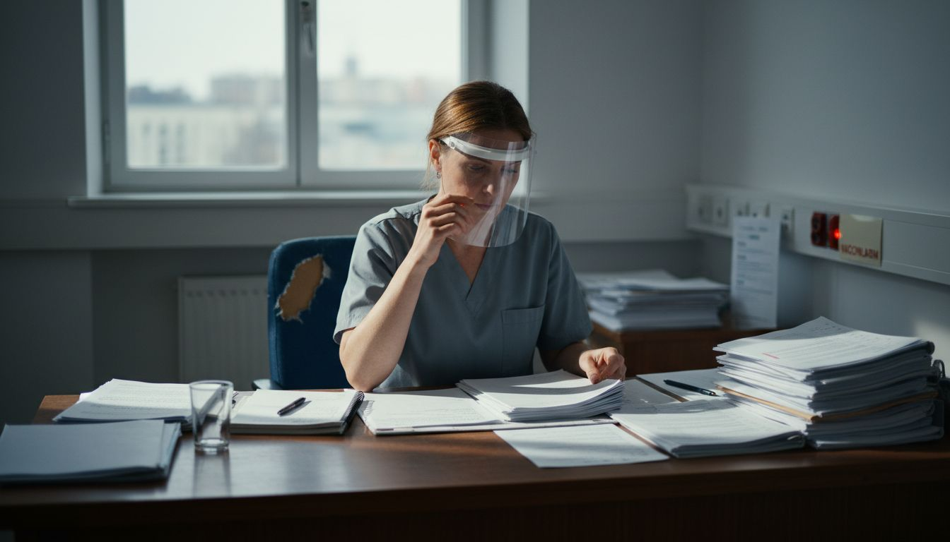 En plastikkirurg sitter på sitt kontor och går noggrant igenom patienternas journaler.