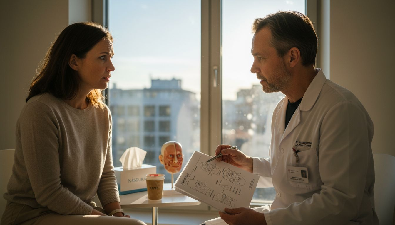 En plastikkirurg har ett konsultationssamtal med en patient i en ljus och modern klinik.