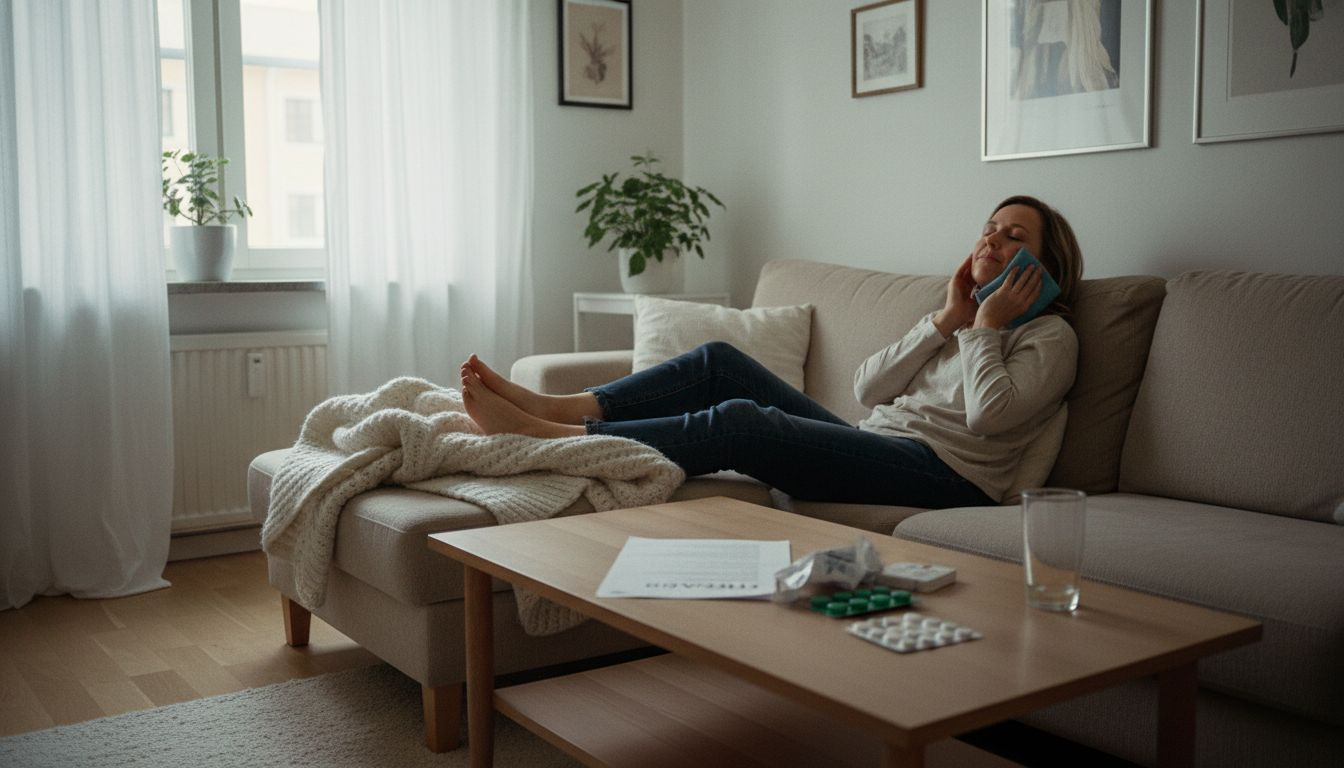 Kvinna återhämtar sig efter operation hemma i lugn och ro.