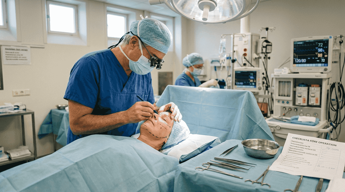 Kirurgen förbereder patienten inför en SMAS-ansiktslyftning i operationssalen.