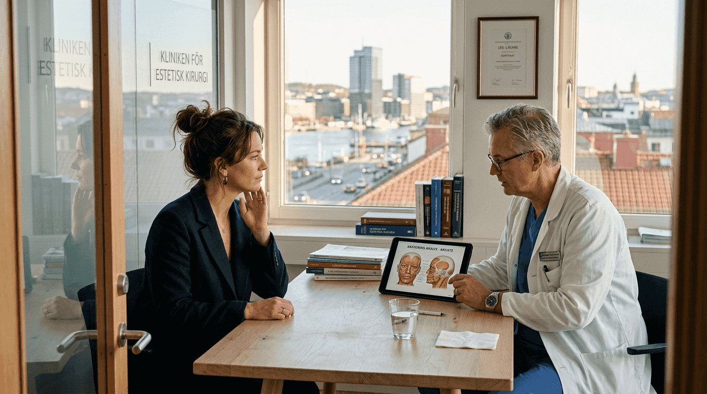 Patienten och plastikkirurgen diskuterar tillsammans inför en ansiktsoperation.