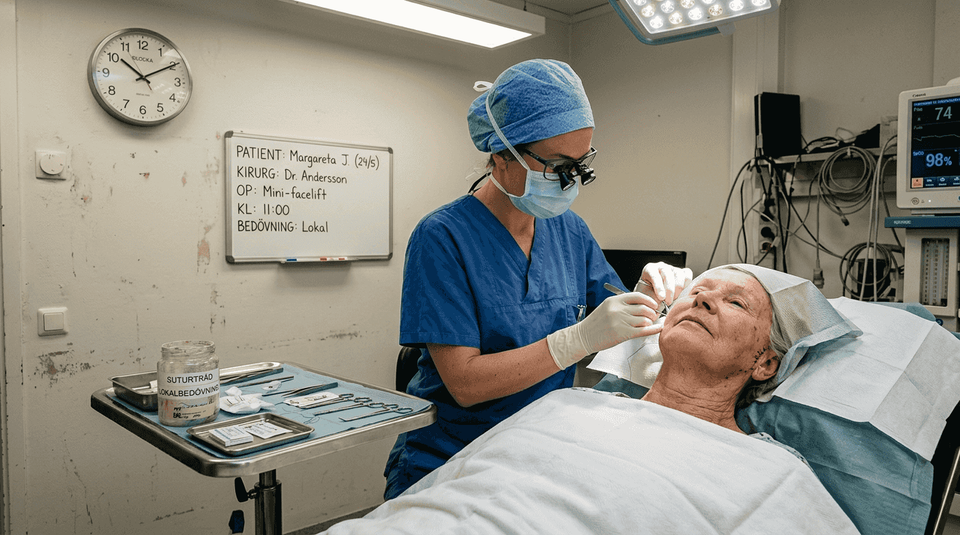 En kirurg genomför ett mindre ansiktslyft på en patient.