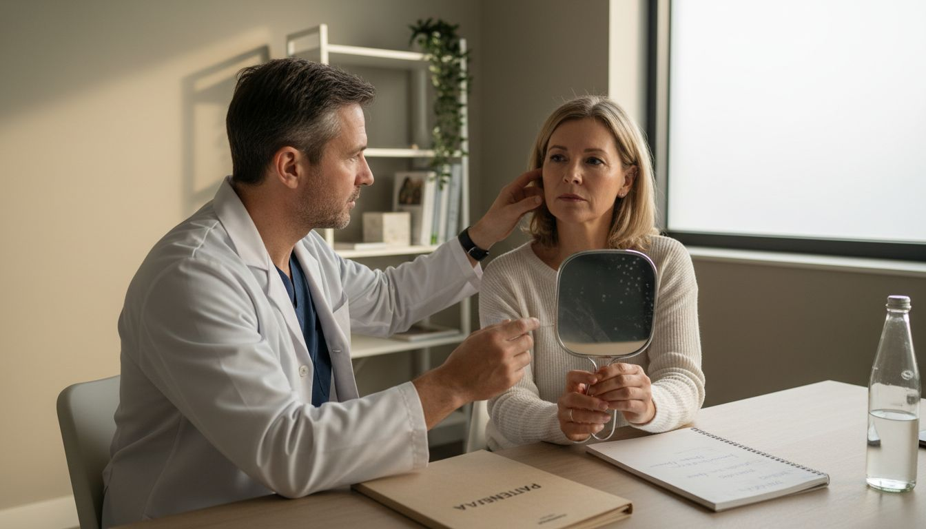 Kirurgen diskuterar ansiktslyft med patienten