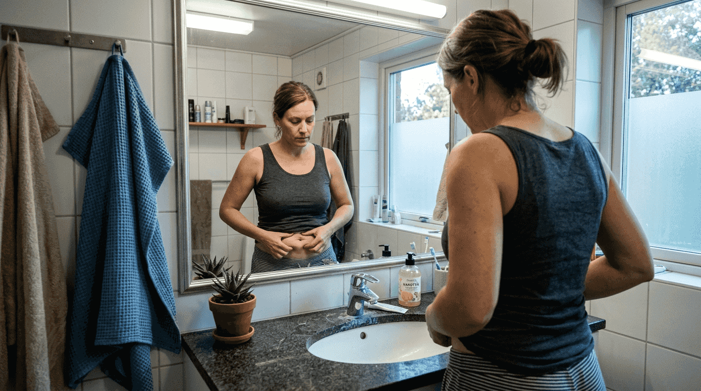 En kvinna står framför spegeln och undersöker hur spänstig hennes hud är.