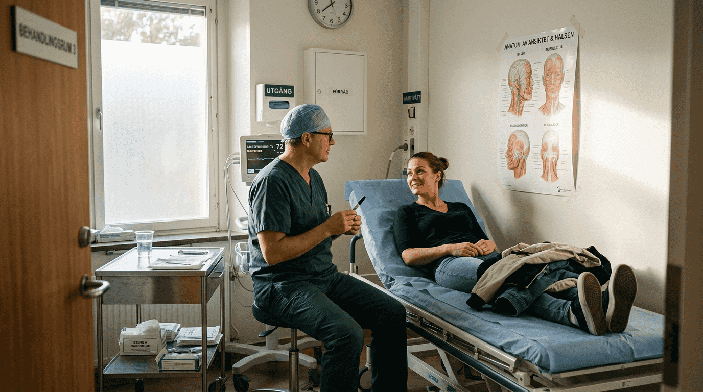 Kirurgen och patienten diskuterar möjligheten till fettsugning under konsultationen.