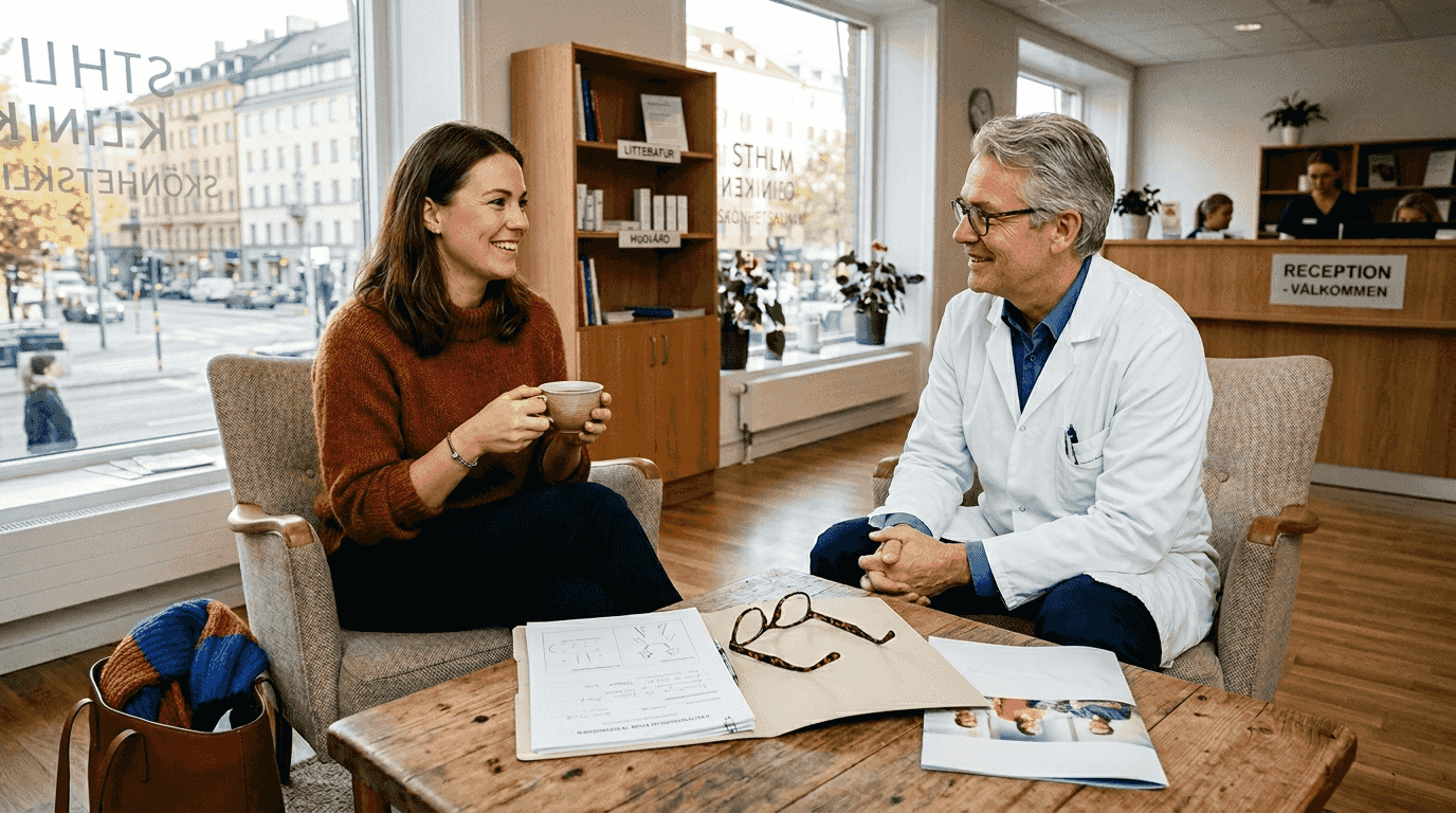 Samtal mellan patient och kirurg på mottagningen