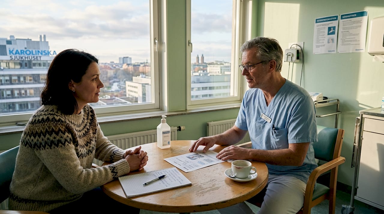 Kirurgen samtalar med patienten på sjukhusrummet.