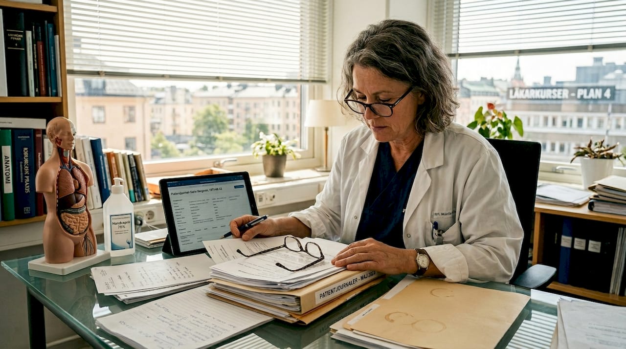 Kirurgen går igenom patientens riskbedömning inför operationen.